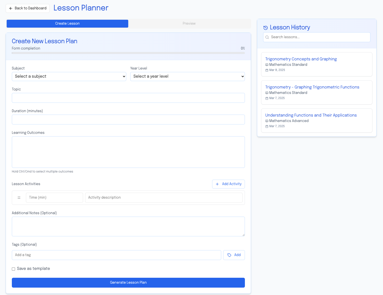 EdEase AI-powered lesson planning interface