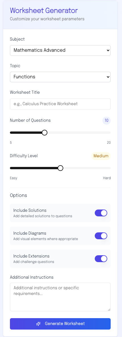 EdEase worksheet generator interface